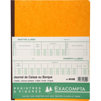 Piqûre 32x25cm EXACOMPTA (6510E) Journal de caisse ou banque 9 débit - 4 crédit - 33 lignes - 80 pages