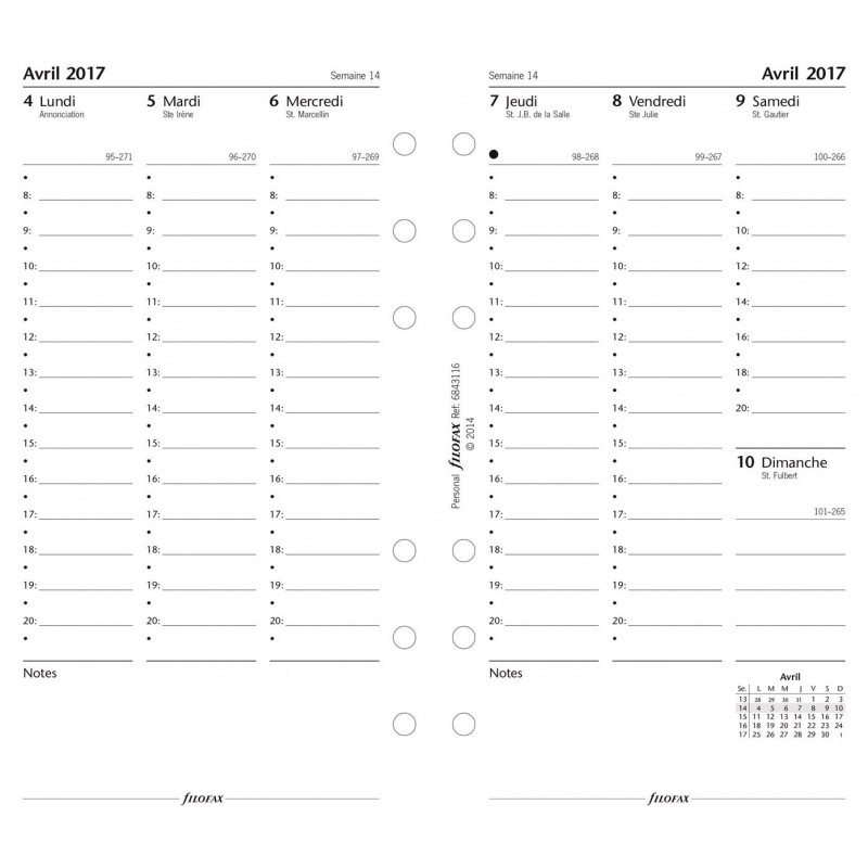 Recharge agenda Filofax 2024 Semaine personnelle sur 2 pages blanc  horizontal