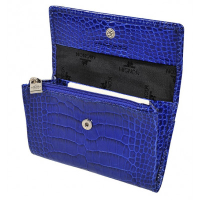 Porte-monnaie MIGNON - 80x125mm cuir Veau Croco SAVANNAH Bleu indigo rabat