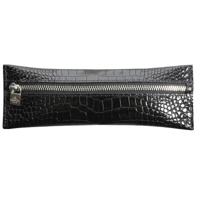 Trousse MIGNON - 65x183mm cuir Veau Croco SAVANNAH Noir plate zippée