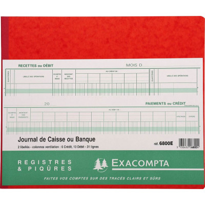 Piqûre 27x32cm EXACOMPTA (6800E) Journal de caisse ou banque 13 débit - 6 crédit - 31 lignes - 80 pages