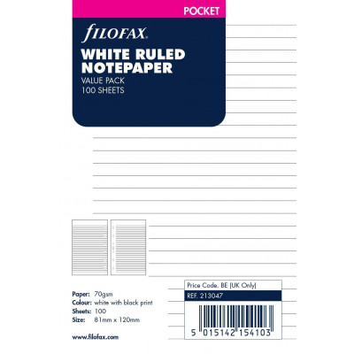 Recharge FILOFAX Pocket 12x8,1cm - 100 Feuilles de notes lignées - Blanc