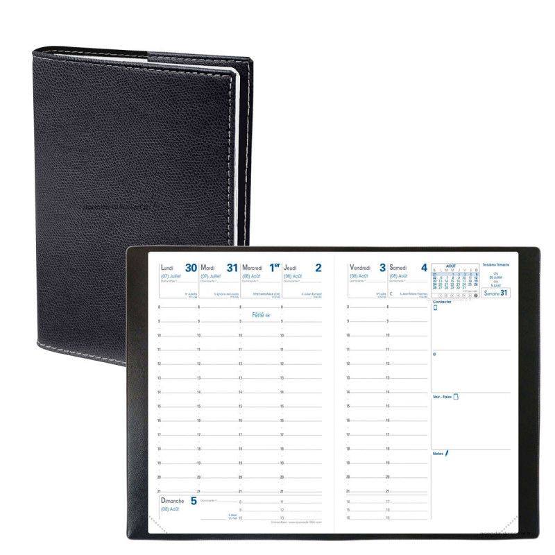 Agenda Universitaire Semainier Quo Vadis - Août 2025 à Août 2026 - 10x15cm - Couverture Club Noir Amovible