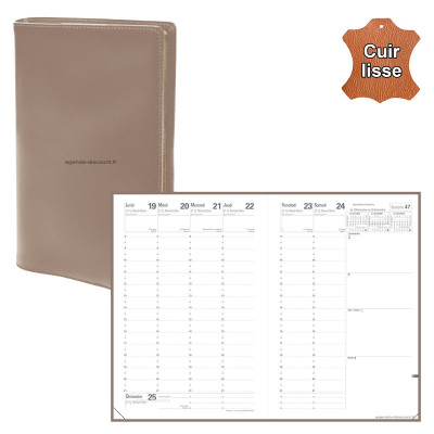 Agenda QUOVADIS MINISTRE cuir vachette lisse Luna taupe 16x24cm - 1 semaine sur 2 pages