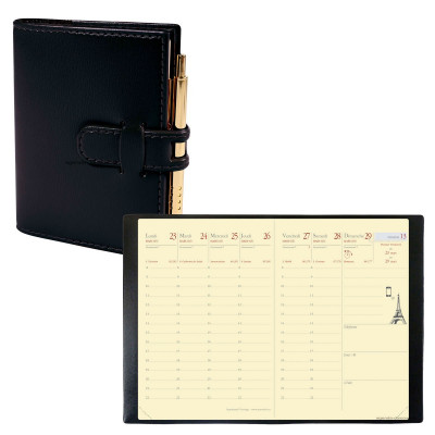 Agenda de poche QUOVADIS RANDONNEE Prestige avec répertoire couverture Soho noir ébène 9x12,5cm - 1 semaine sur 2 pages