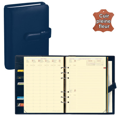 Agenda 2024 organiseur QUOVADIS - TIMER 21 prestige cuir pleine fleur  Montebello bleu marine - 15x21cm