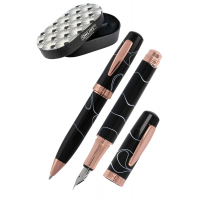 Parure stylo plume+bille Bohemian Art résine noir, or rose - M (0,5 mm) BLEU