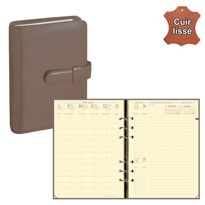 Agenda organiseur QUOVADIS - TIMER 21 prestige cuir vachette lisse Luna taupe - 15x21cm