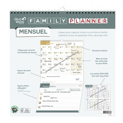 Calendrier Familial Quo Vadis 2024-2025 - Spirale, 30x30cm, Papier Clairefontaine - Français, De Sept à Août
