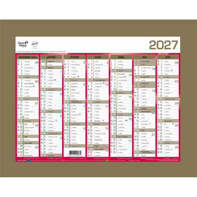 Calendrier mural de Banque Or 27 x 21cm carton rigide