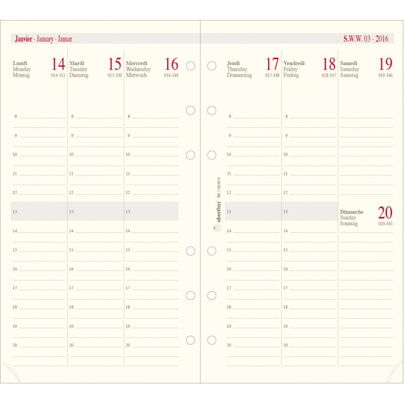 Recharge Semainier Mignon AK13 - 2 Pages Par Semaine, Format 126 X 91 Mm - Pour Classeur à Anneaux 13 Cm
