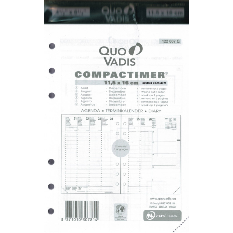Timer 29 Prestige Septembre 2018 /à D/écembre 2019/_Semainier 21x29,7 cm Quo Vadis Recharge