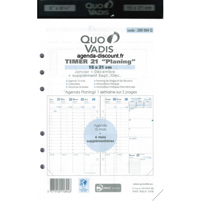 Recharge agenda QUOVADIS Timer 21 Planing 15x21cm janvier - décembre + supplément septembre à décembre 16 mois