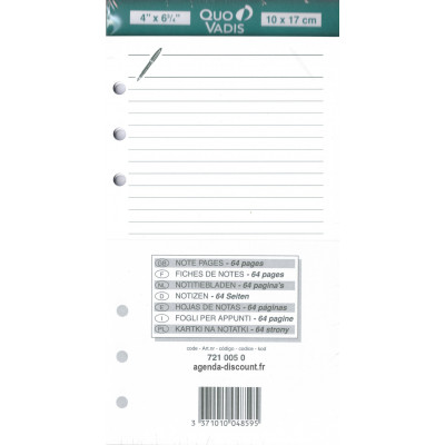 Recharge QUOVADIS Notes papier ligné blanc 10 x 17cm pour TIMER 17 - 64 pages